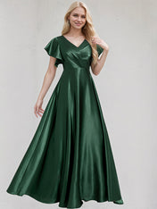 Green Satin A Line V Neck Floor Length Bridesmaid Dress With Ruffle
