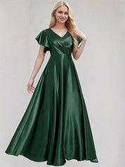 Green Satin A Line V Neck Floor Length Bridesmaid Dress With Ruffle