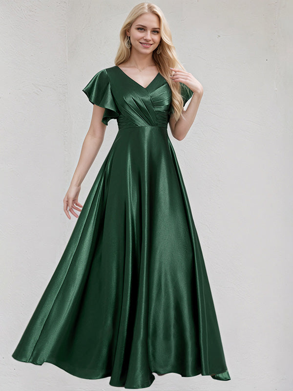 Green Satin A Line V Neck Floor Length Bridesmaid Dress With Ruffle