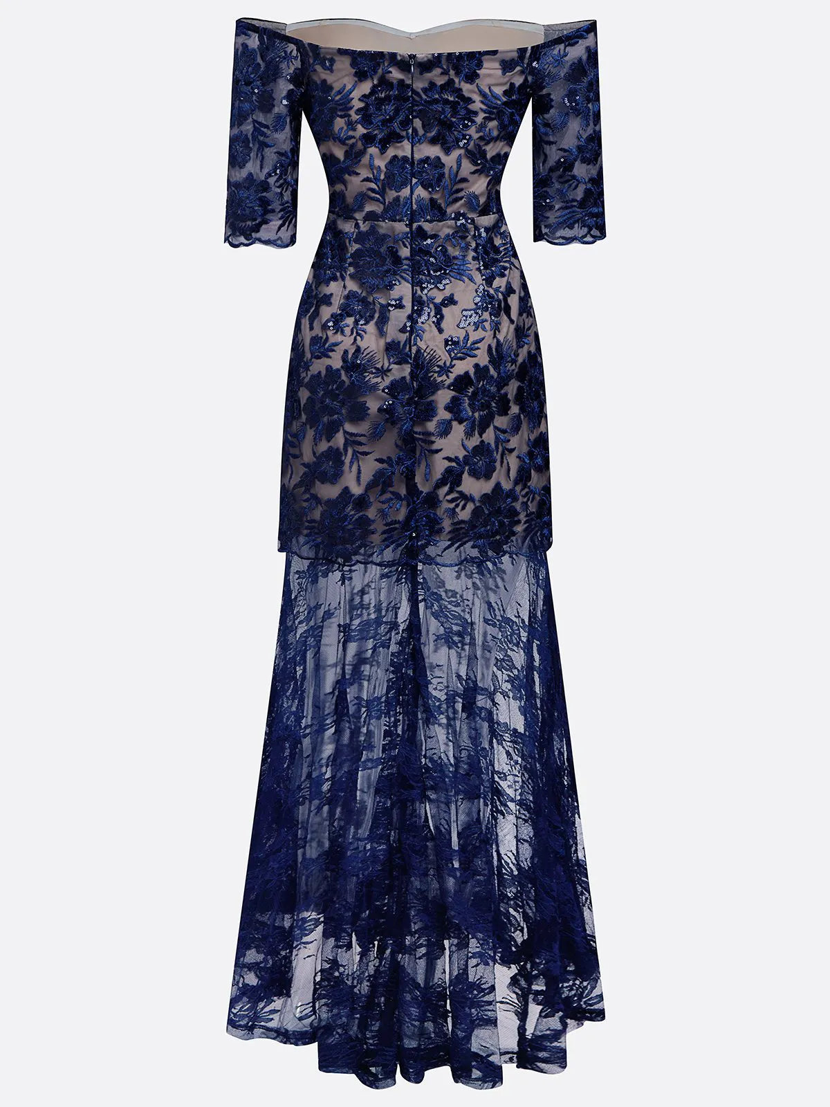 Purplish Blue Lace Sequin Off The Shoulder Half Sleeve Sheath Maxi Dress