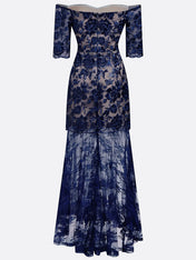 Purplish Blue Lace Sequin Off The Shoulder Half Sleeve Sheath Maxi Dress