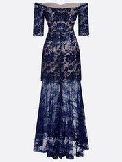 Purplish Blue Lace Sequin Off The Shoulder Half Sleeve Sheath Maxi Dress