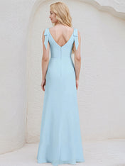 Sky Blue Chiffon Sheath/Column V Neck Sleeveless Floor Length Bridesmaid Dress