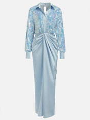 Blue Sequin Collared Long Sleeve Slit Sheath Maxi Dress