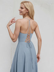Dusty Blue Chiffon A Line Spaghetti Straps Floor Length Bridesmaid Dress