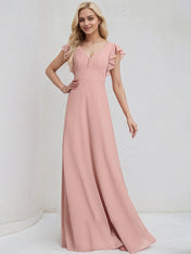 Dusty Rose Chiffon A Line V Neck Floor Length Bridesmaid Dress With Ruffles