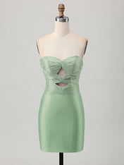 Strapless Tight Satin Cut Out Short Mini Dress with Beading
