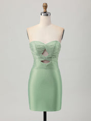 Strapless Tight Satin Cut Out Short Mini Dress with Beading