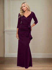Trumpet/Mermaid V Neck 3/4 Sleeve Floor Length Stretch Crepe Mother of the Bride Dress With Ruffles