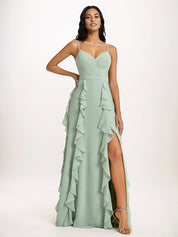 Dusty Sage A-Line V-Neck Ruffles Floor-Length Chiffon Bridesmaid Dress