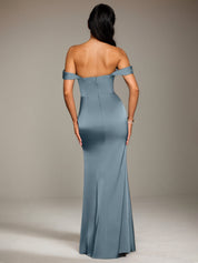 Dusty Blue Satin Sheath/Column Off The Shoulder Sleeveless Floor Length Bridesmaid Dress