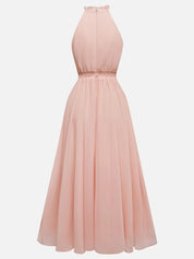 Pink Scramble Chiffon Lotus Leaf Collar Sleeveless A-Line Maxi Dress