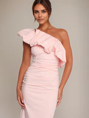 Ballet Pink Chiffon Sheath/Column One Shoulder Sleeveless Ankle Length Bridesmaid Dress