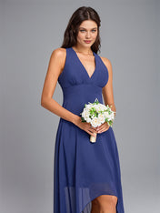 Navy Blue A-Line V-neck Asymmetrical Sleeveless Chiffon Bridesmaid Dress