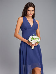 Navy Blue A-Line V-neck Asymmetrical Sleeveless Chiffon Bridesmaid Dress