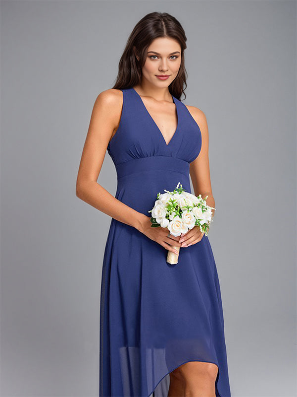 Navy Blue A-Line V-neck Asymmetrical Sleeveless Chiffon Bridesmaid Dress