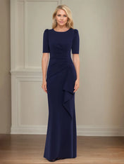 Trumpet/Mermaid Scoop Neck Short Sleeve Floor Length Stretch Crepe Mother of the Bride Dress With Ruffles