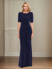 Trumpet/Mermaid Scoop Neck Short Sleeve Floor Length Stretch Crepe Mother of the Bride Dress With Ruffles