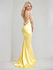 Yellow Satin Trumpet/Mermaid V Neck Sleeveless Floor Length Bridesmaid Dress