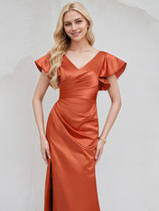 Vermilion Satin A Line V Neck Short Sleeves Floor Length Bridesmaid Dress With Ruffle