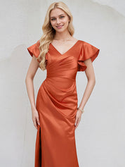 Vermilion Satin A Line V Neck Short Sleeves Floor Length Bridesmaid Dress With Ruffle