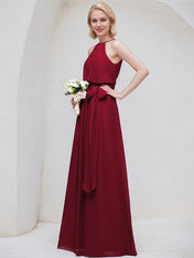 Burgundy A-Line Scoop Floor-Length Chiffon Bridesmaid Dress With Bow