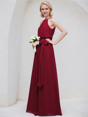 Burgundy A-Line Scoop Floor-Length Chiffon Bridesmaid Dress With Bow