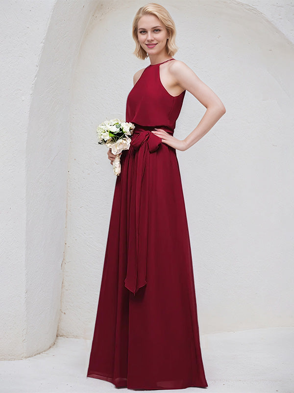 Burgundy A-Line Scoop Floor-Length Chiffon Bridesmaid Dress With Bow