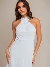 Pale Blue Sheath/Column Halter Neck Sleeveless Ankle Length Bridesmaid Dress