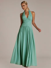 Green A Line Chiffon Halter Neck Sleeveless Floor Length Dresses