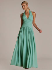 Green A Line Chiffon Halter Neck Sleeveless Floor Length Dresses