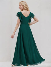 Peacock Chiffon A Line Scoop Short Sleeves Floor Length Bridesmaid Dress With Cascading Ruffles