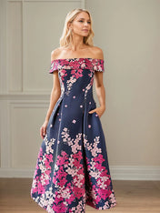 A Line Off The Shoulder Ankle Length Satin Floral Mother of the Bride Dress