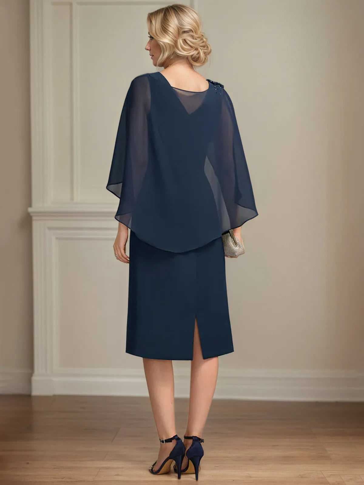 Sheath/Column Scoop Knee-Length Chiffon Mother of the Bride Dress With Cascading Ruffles Beading