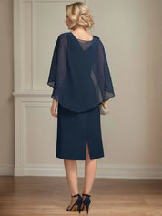 Sheath/Column Scoop Knee-Length Chiffon Mother of the Bride Dress With Cascading Ruffles Beading