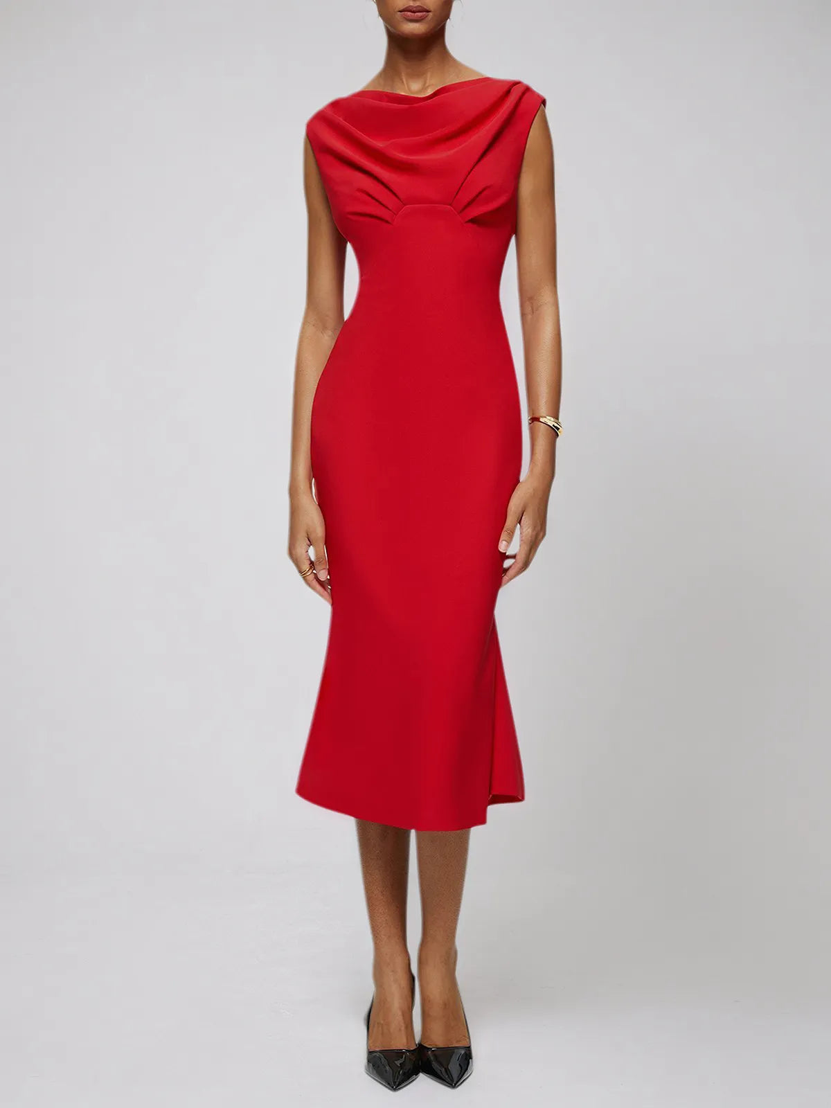 Red Cowl Neck Sleeveless Sheath Midi Dress