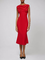 Red Cowl Neck Sleeveless Sheath Midi Dress