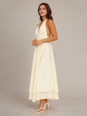 Lemon Chiffon A Line Halter Neck Sleeveless Ankle Length Bridesmaid Dress