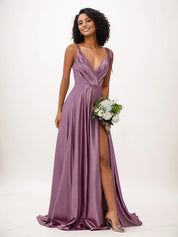 Wisteria A-Line Satin Ruffles V-Neck Sleeveless Floor Length Bridesmaid Dresses