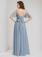 Dusty Blue Chiffon A Line Spaghetti Straps Ruffle Sleeves Floor Length Bridesmaid Dress