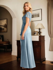 A Line Satin V Neck Short Sleeve Floor Length Dress With Appliques