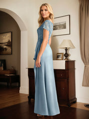 A Line Satin V Neck Short Sleeve Floor Length Dress With Appliques
