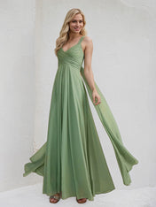 Basil A-Line V-Neck Floor-Length Chiffon Bridesmaid Dress With Ruffle