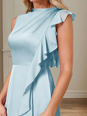 Sky Blue A Line Satin High Neckline Sleeveless Floor Length Mother of the Bride Dresses
