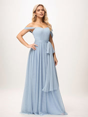 Dusty Blue A Line Tulle Off The Shoulder Sleeveless Floor-Length Bridesmaid Dresses
