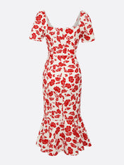 Red Floral Sweetheart Neckline Mermaid Midi Dress