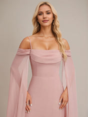 Dusty Rose A-Line Cold Shoulder Spaghetti Straps Floor-Length Chiffon Bridesmaid Dress With Ruffle