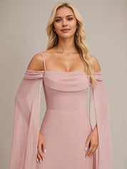 Dusty Rose A-Line Cold Shoulder Spaghetti Straps Floor-Length Chiffon Bridesmaid Dress With Ruffle