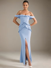 Light Blue Chiffon Sheath/Column Off The Shoulder Floor Length Bridesmaid Dresses