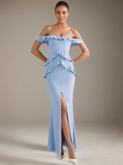 Light Blue Chiffon Sheath/Column Off The Shoulder Floor Length Bridesmaid Dresses